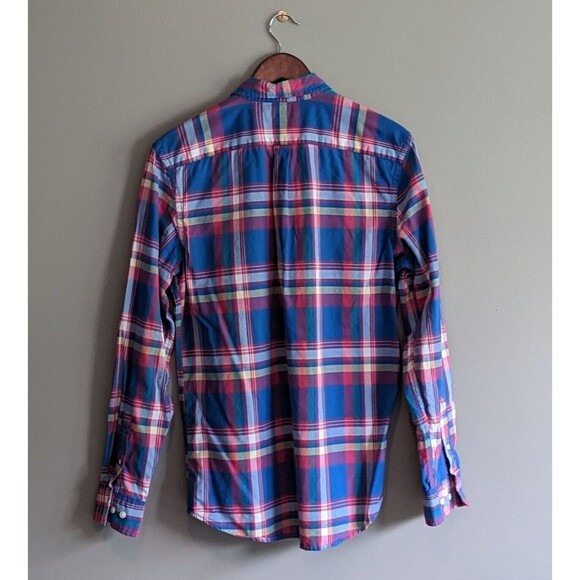 Gap Size Medium Mens Button Down Plaid Shirt Dress Blue Slim Fit Red Long Sleeve - Picture 4 of 4